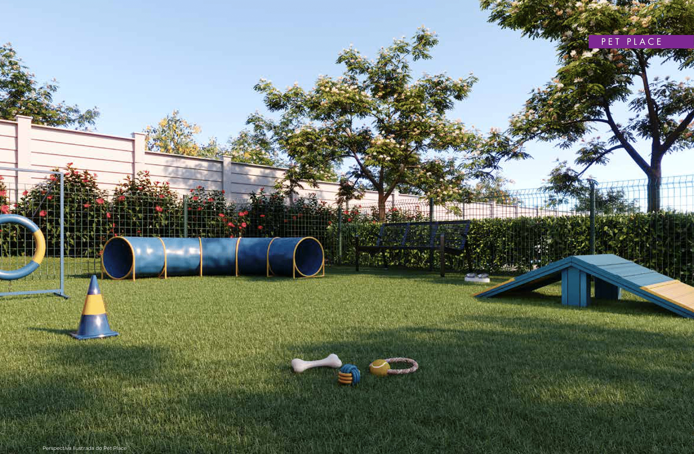 Pet Place com gramado e equipamentos de agility para pets