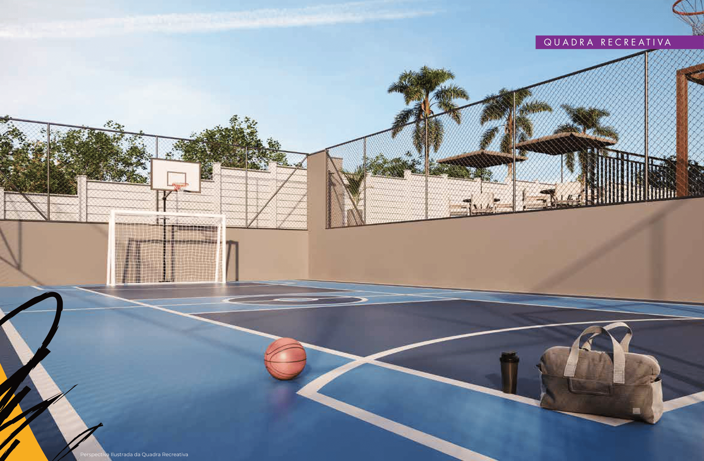 Quadra recreativa multiuso com cesto de basquete e campo de futebol