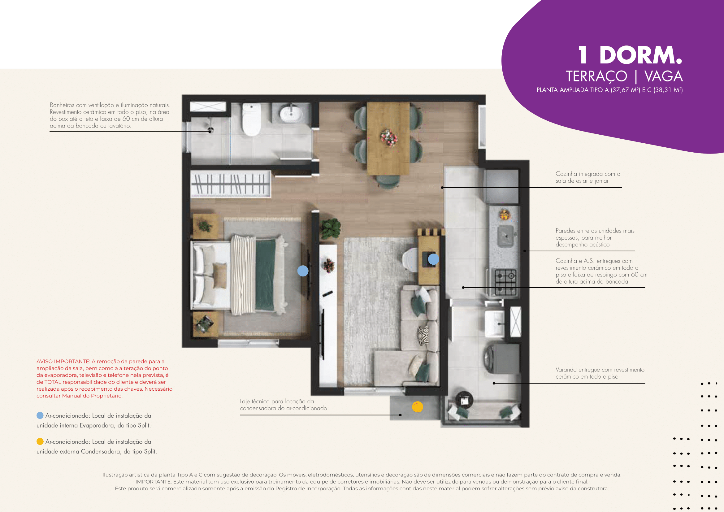Planta apartamento 2 dormitórios Vila Eco Park Osasco com varanda grill e cozinha integrada - Tipos A e C