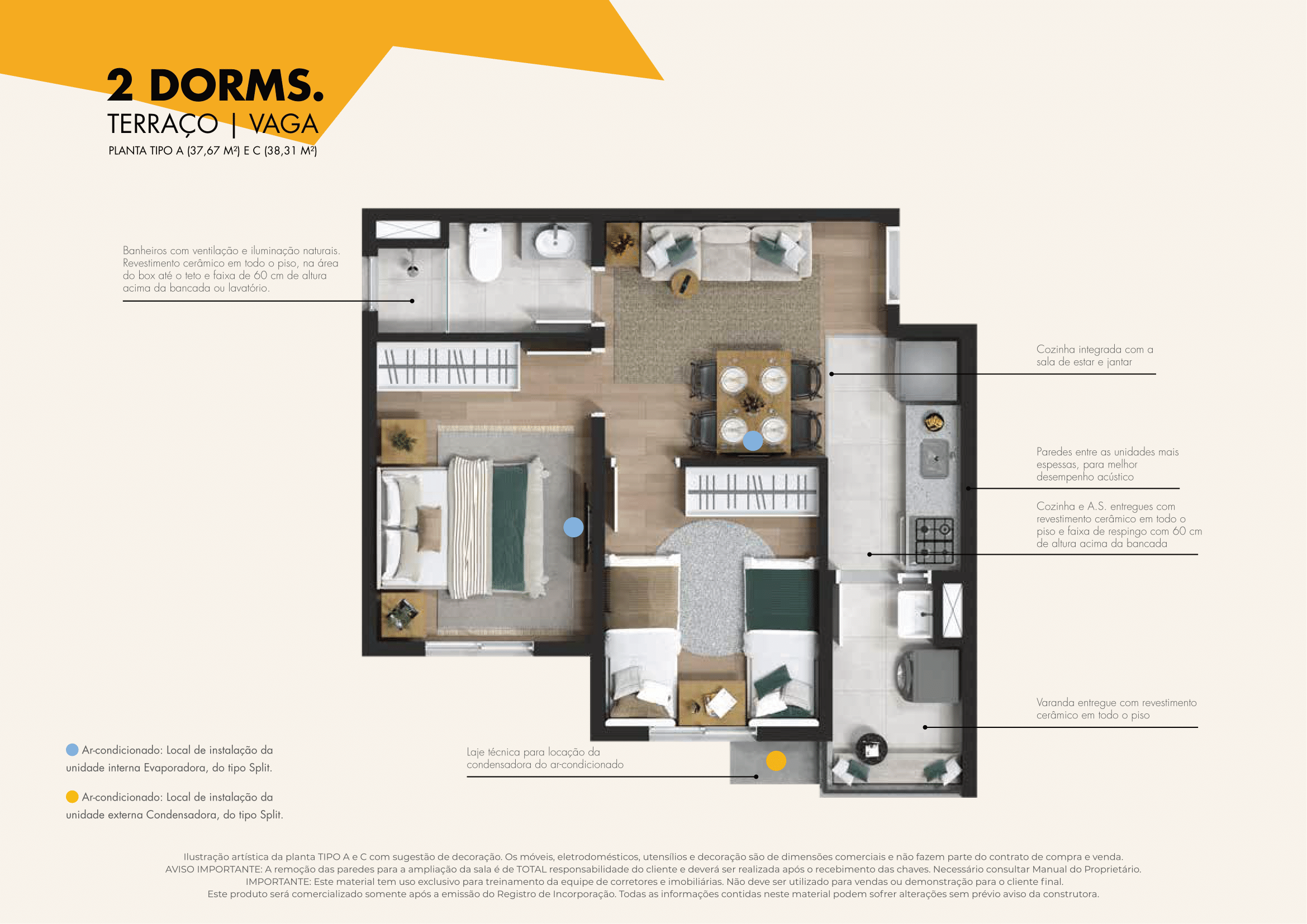 Planta apartamento 2 dormitórios Vila Eco Park Osasco com cozinha integrada - Tipos A e C