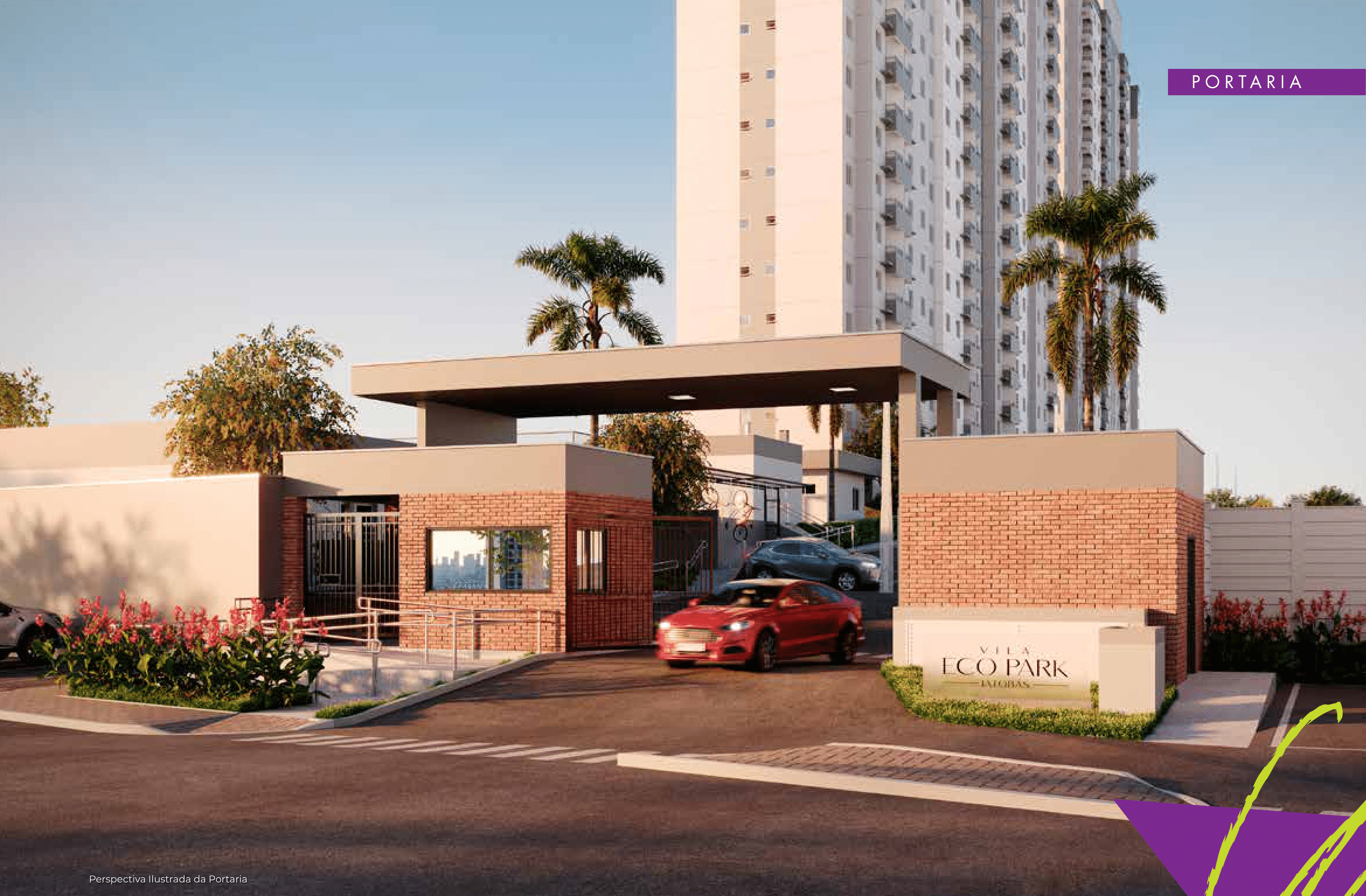 Portaria Vila Eco Park - Entrada moderna com paisagismo exuberante e design sustentável